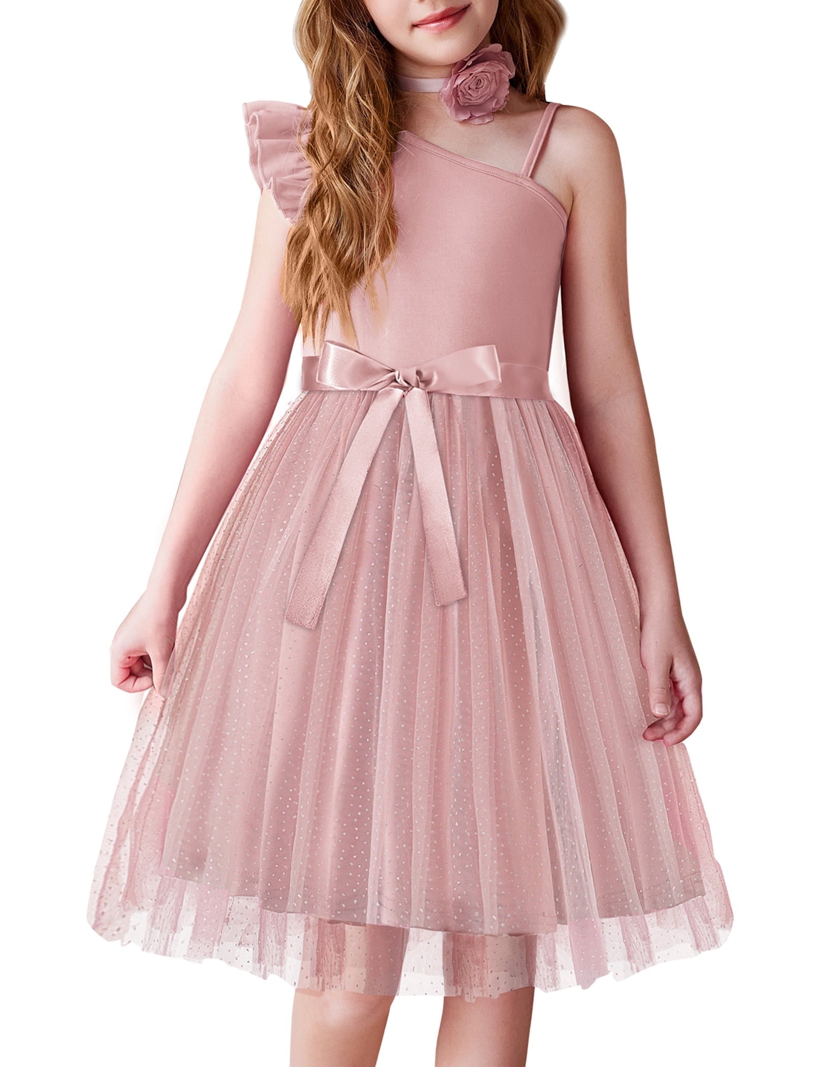 Oudiya Girls Spring One Shoulder Dresses Ruffle Sleeveless Formal Birthday Party Tulle Belted Dress for Kids 4-12Y