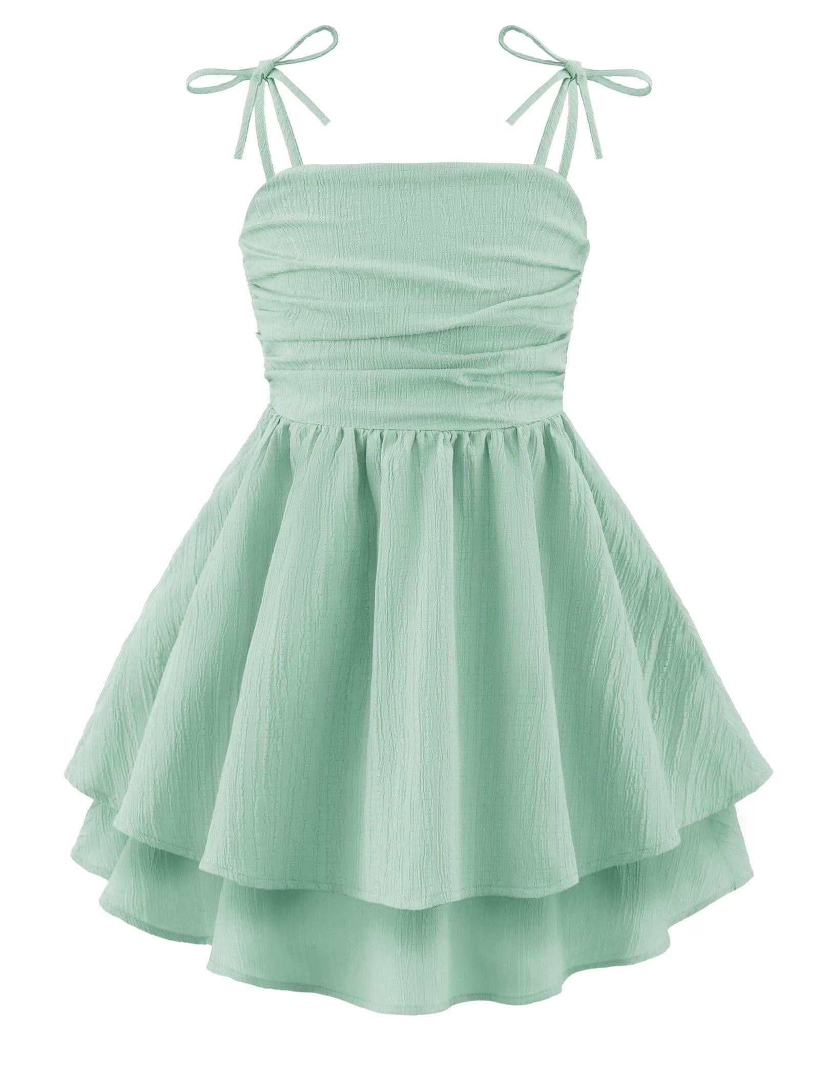 Oudiya Girls Summer Blue Dresses Spaghetti Strap Flowy Tiered Ruched Smocked Back Casual Beach Midi Easter Sundress,6-14Y