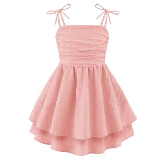 Oudiya Girls Summer Blue Dresses Spaghetti Strap Flowy Tiered Ruched Smocked Back Casual Beach Midi Easter Sundress,6-14Y
