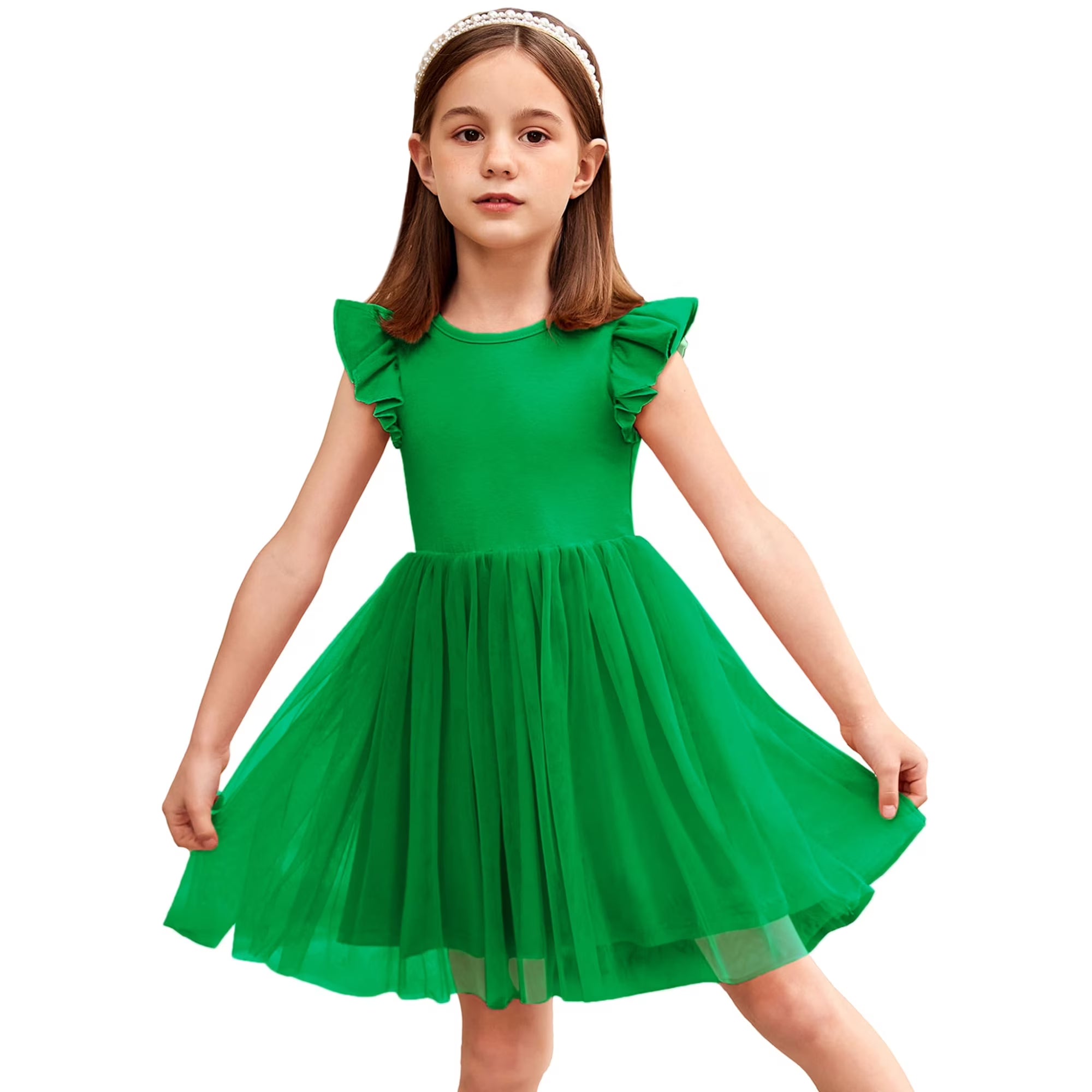 Oudiya Toddler Girls Tutu Dress Fluffy Ruffle Sleeve Dresses Summer Casual Tulle Party Sundress for Kids 6-7Y