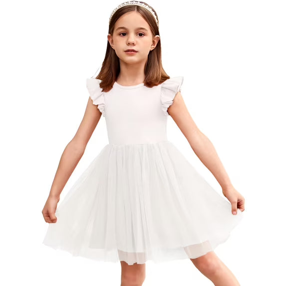 Oudiya Toddler Girls Tutu Dress Fluffy Ruffle Sleeve Dresses Summer Casual Tulle Party Sundress for Kids 6-7Y