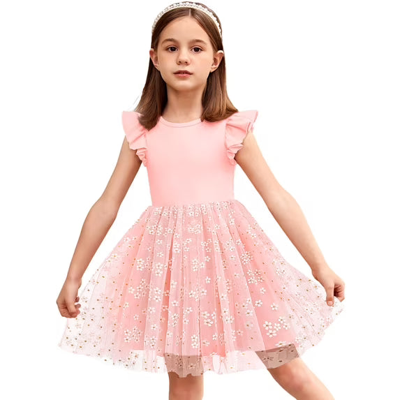 Oudiya Toddler Girls Tutu Dress Fluffy Ruffle Sleeve Dresses Summer Casual Tulle Party Sundress for Kids 6-7Y