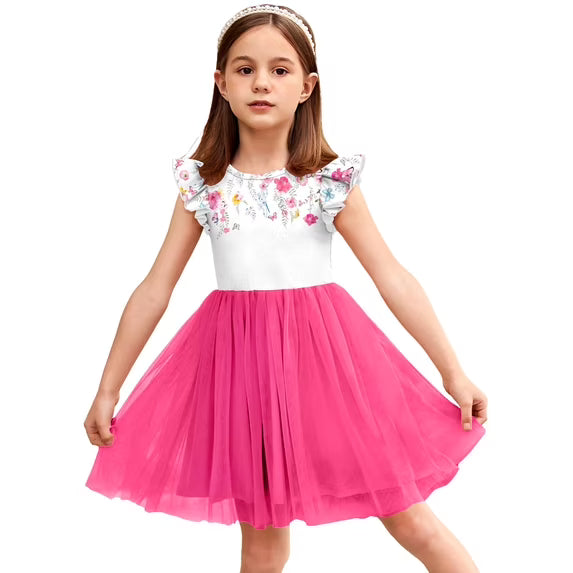 Oudiya Toddler Girls Tutu Dress Fluffy Ruffle Sleeve Dresses Summer Casual Tulle Party Sundress for Kids 6-7Y