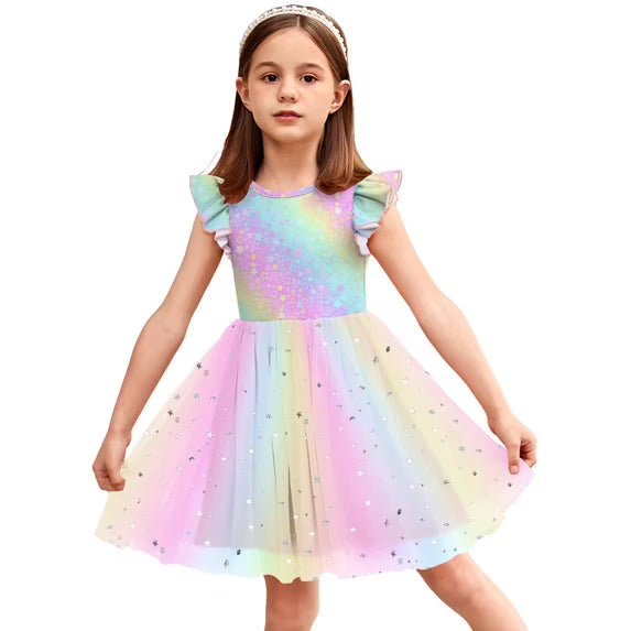 Oudiya Toddler Girls Tutu Dress Fluffy Ruffle Sleeve Dresses Summer Casual Tulle Party Sundress for Kids 6-7Y