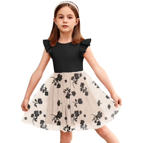Oudiya Toddler Girls Tutu Dress Fluffy Ruffle Sleeve Dresses Summer Casual Tulle Party Sundress for Kids 6-7Y
