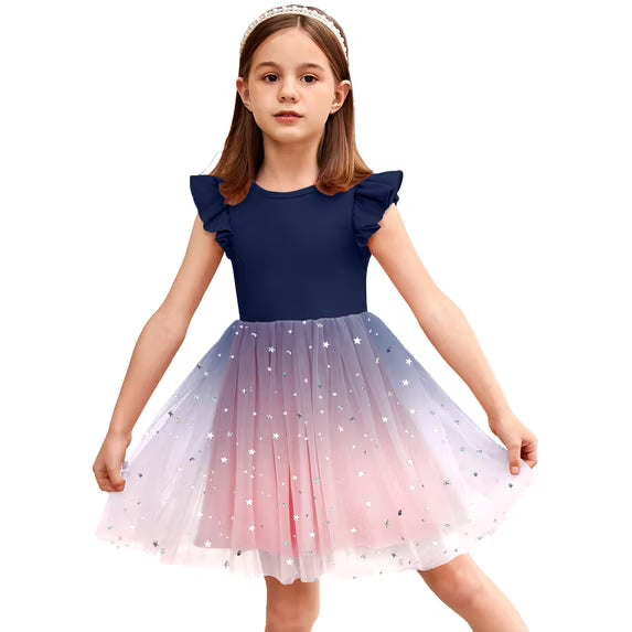 Oudiya Toddler Girls Tutu Dress Fluffy Ruffle Sleeve Dresses Summer Casual Tulle Party Sundress for Kids 6-7Y