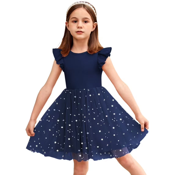 Oudiya Toddler Girls Tutu Dress Fluffy Ruffle Sleeve Dresses Summer Casual Tulle Party Sundress for Kids 6-7Y