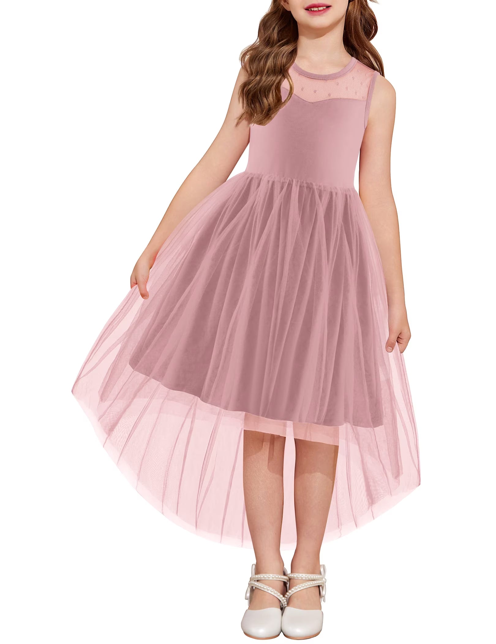 Oudiya Girls Formal Party Dresses Wedding Tulle Sleeveless Contrast Mesh High Low Flower Dress with Belt