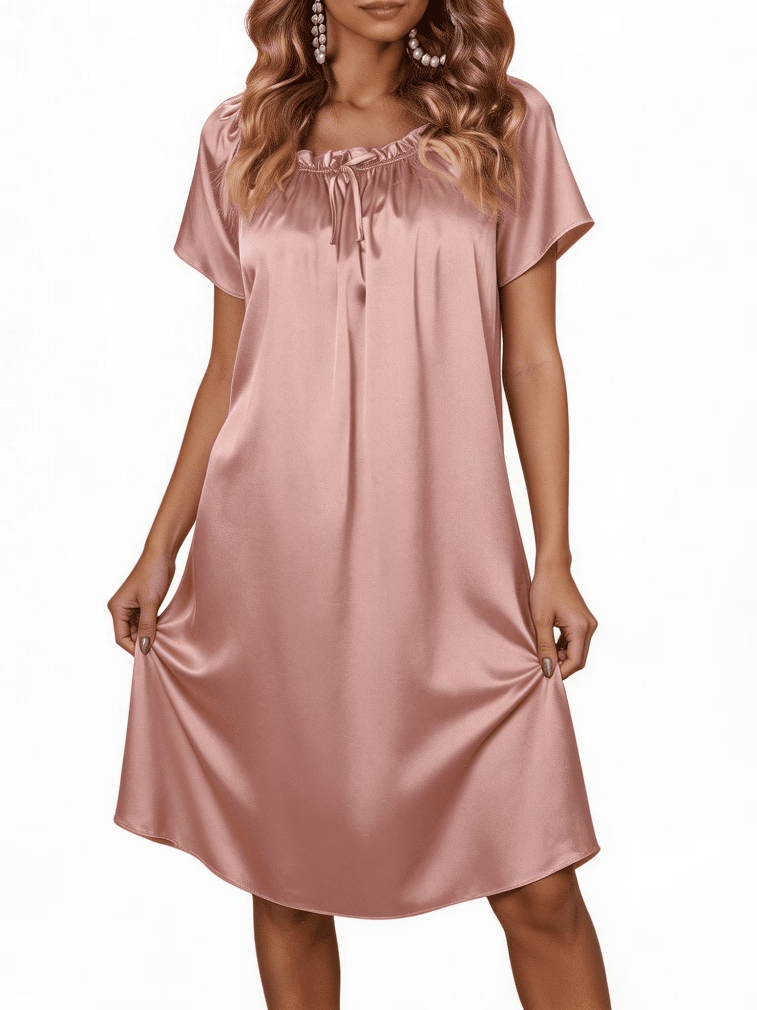 Oudiya Women Satin Silk Nightgown Pleated Loose Sleepwear Printed Nightshirt Short Sleeve Sleep Dress, S-4XL
