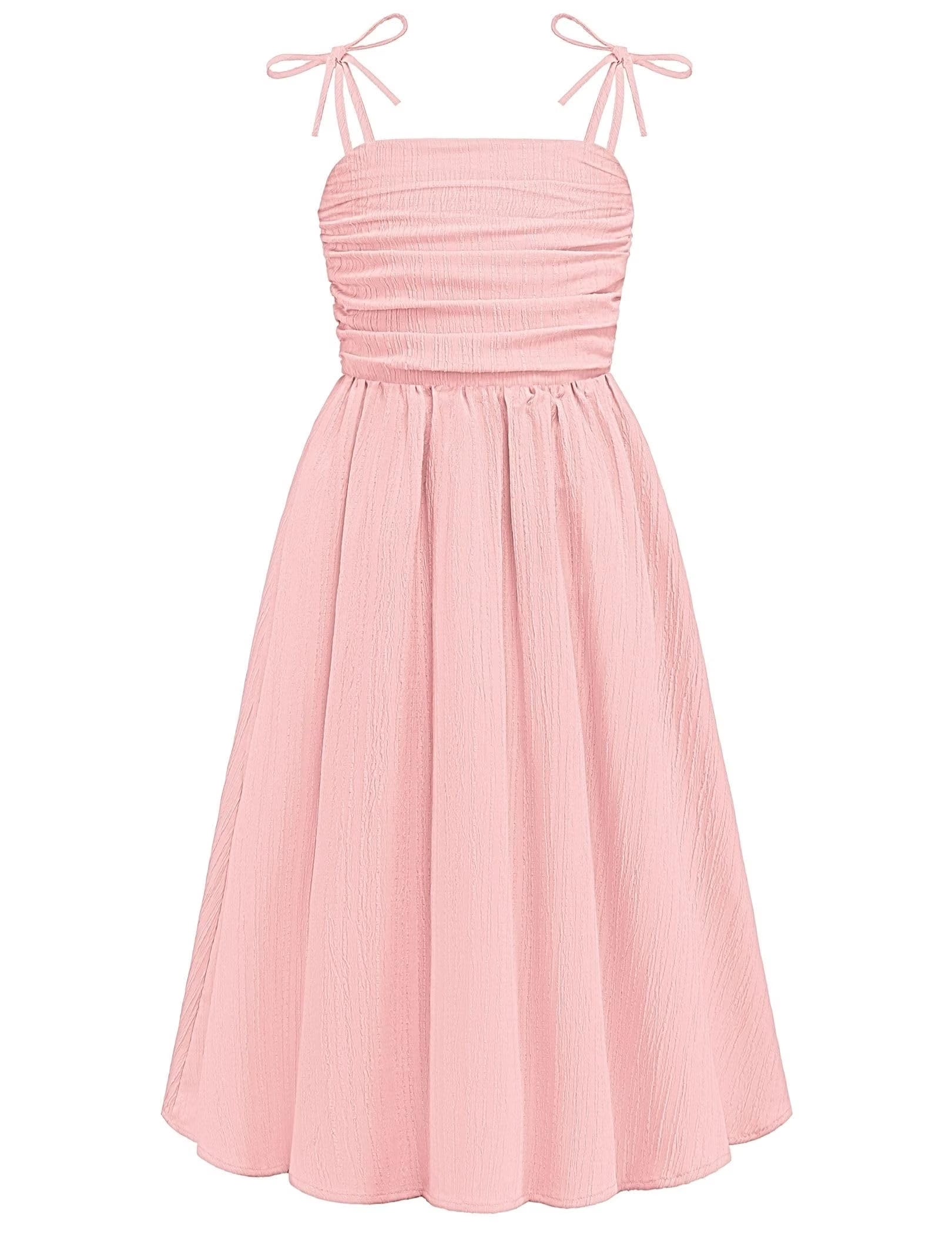 Oudiya Girls Summer Dress Maxi Spaghetti Strap Ruched Flowy Beach Boho Casual Teen Girl Party Sundress 6-14Y