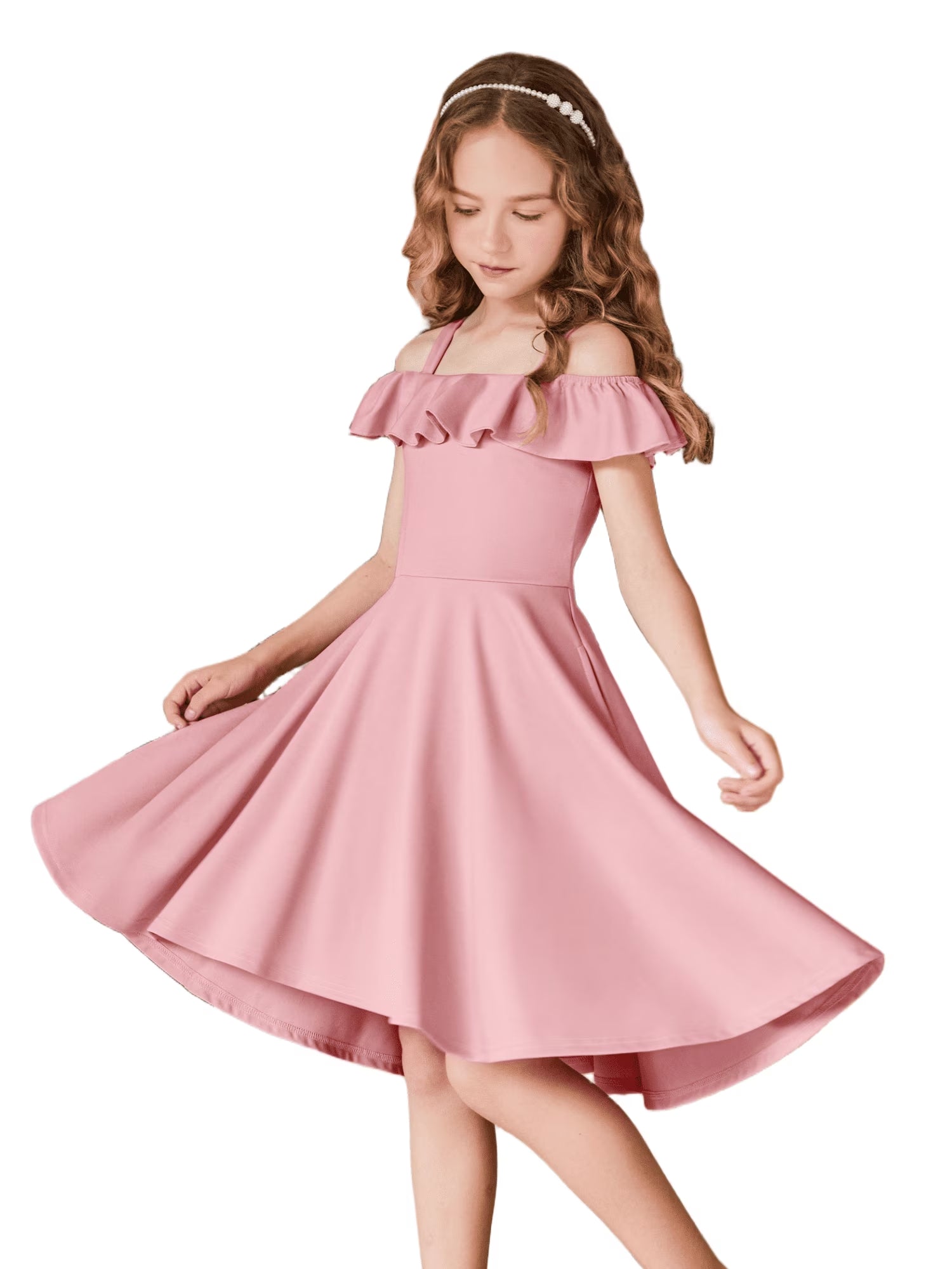 Oudiya Girls Off Shoulder Dress Flutter Sleeve Summer Midi Swing Dress with Pockets Formal Dress 4-13Y