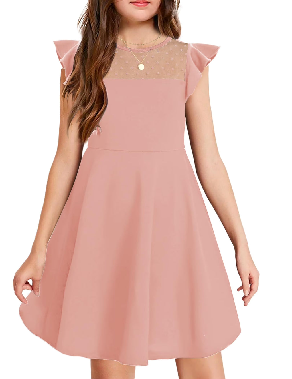 Oudiya Girls Summer Dress Ruffle Sleeve Mesh A Line Casual Party Dresses with Pockets 6-13 Y