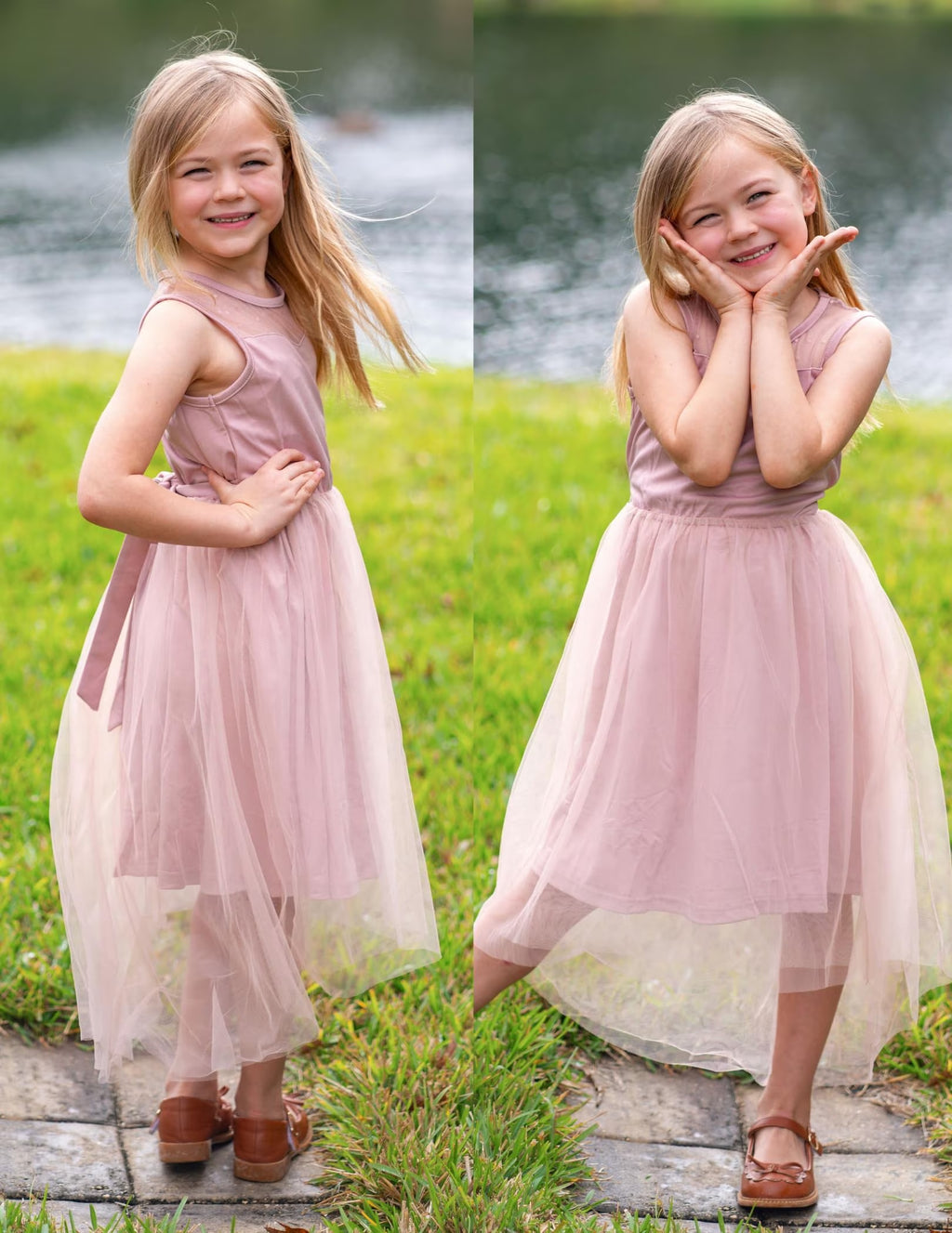 Oudiya Girls Formal Party Dresses Wedding Tulle Sleeveless Contrast Mesh High Low Flower Dress with Belt