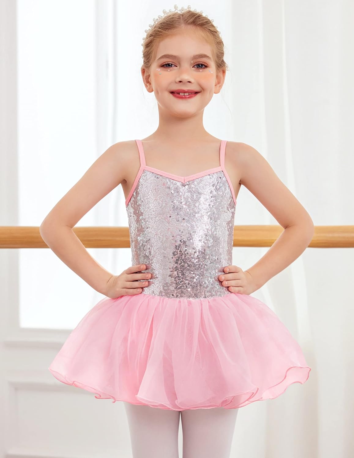 Oudiya Little Girls Tutu Ballet Leotard Sequin Sparkly Strap Dress Ballerina Outfit Dance Costume for Kids 3-11Y