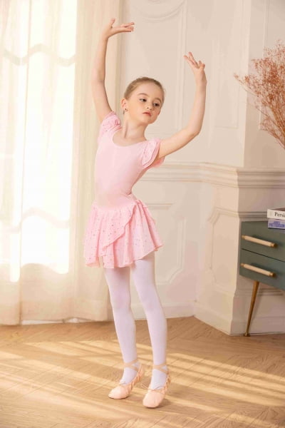Oudiya Girls Ballet Dance Dress Leotards Ruffle Sleeve Shiny Ballet Tutu Skirt for Kids 3-11Y