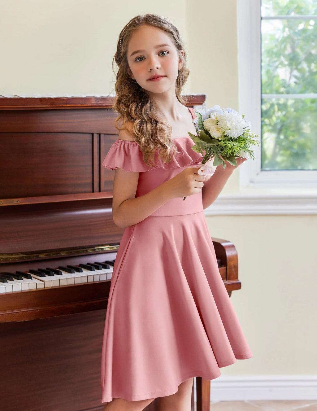 Oudiya Girls Off Shoulder Dress Flutter Sleeve Summer Midi Swing Dress with Pockets Formal Dress 4-13Y
