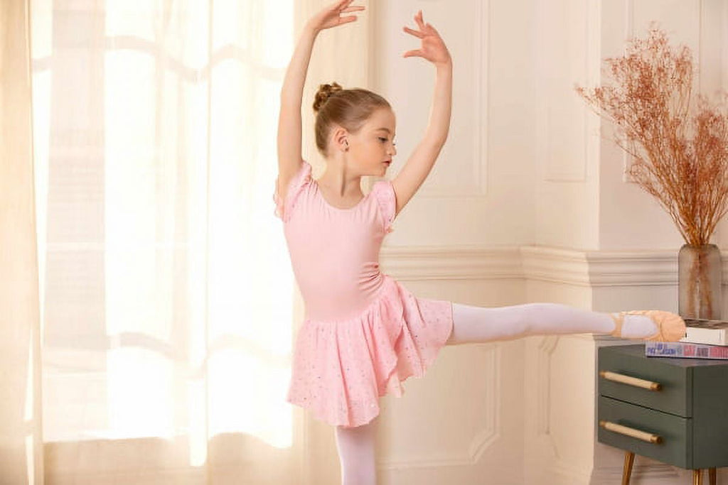 Oudiya Girls Ballet Dance Dress Leotards Ruffle Sleeve Shiny Ballet Tutu Skirt for Kids 3-11Y