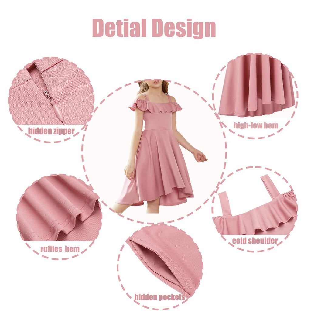 Oudiya Girls Off Shoulder Dress Flutter Sleeve Summer Midi Swing Dress with Pockets Formal Dress 4-13Y