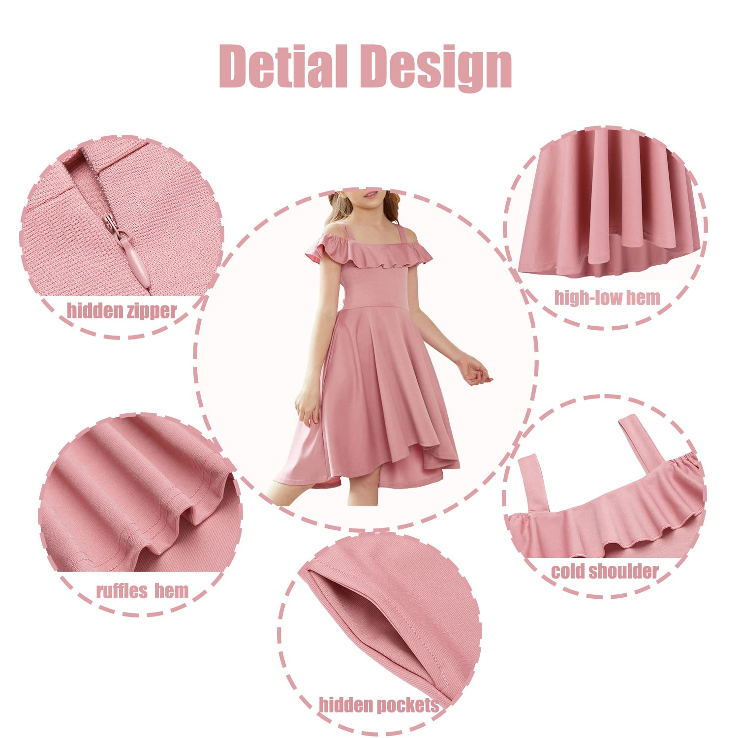 Oudiya Girls Off Shoulder Dress Flutter Sleeve Summer Midi Swing Dress with Pockets Formal Dress 4-13Y