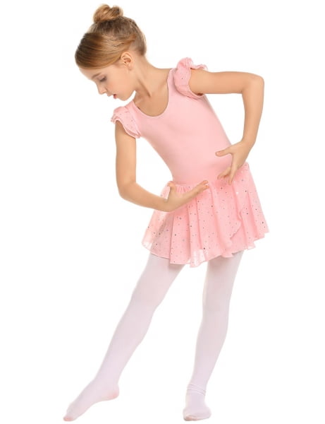 Oudiya Girls Ballet Dance Dress Leotards Ruffle Sleeve Shiny Ballet Tutu Skirt for Kids 3-11Y