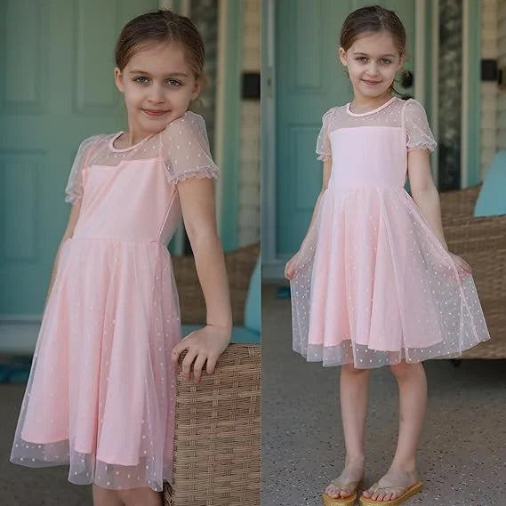Oudiya Girls Contrast Mesh Short Sleeve Dress Puffy Casual A Line Party Dress for Kids 3-12Y
