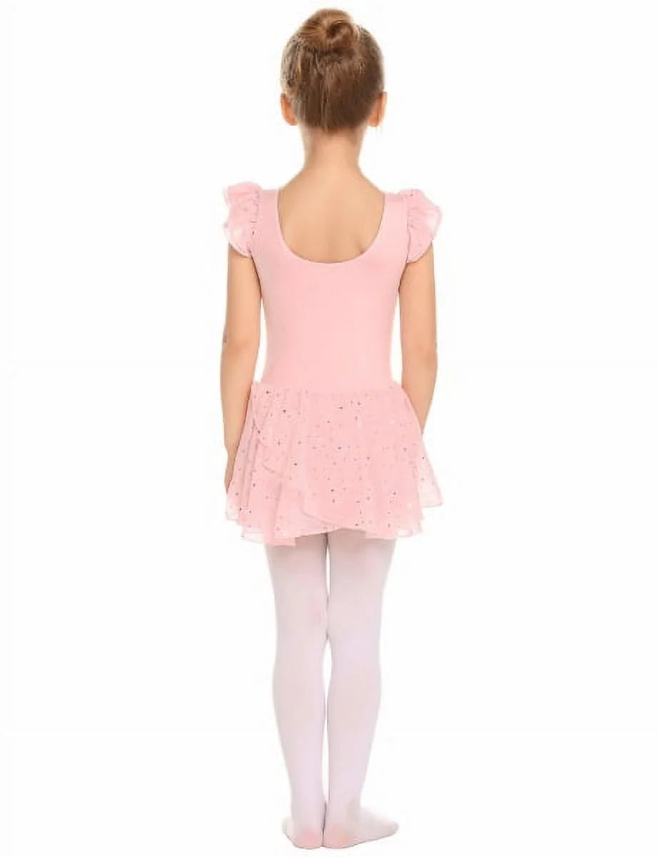 Oudiya Girls Ballet Dance Dress Leotards Ruffle Sleeve Shiny Ballet Tutu Skirt for Kids 3-11Y