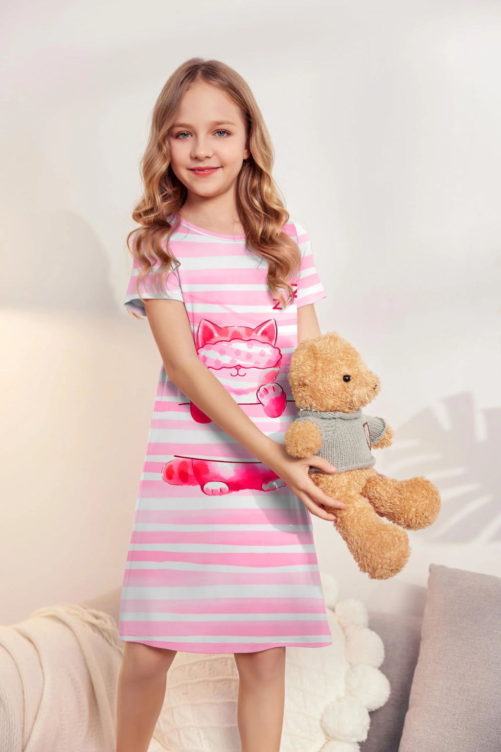 Oudiya Girls Short Sleeve Nightgowns Soft Print Pajamas Sleepwear Nighties for Kids 4-12