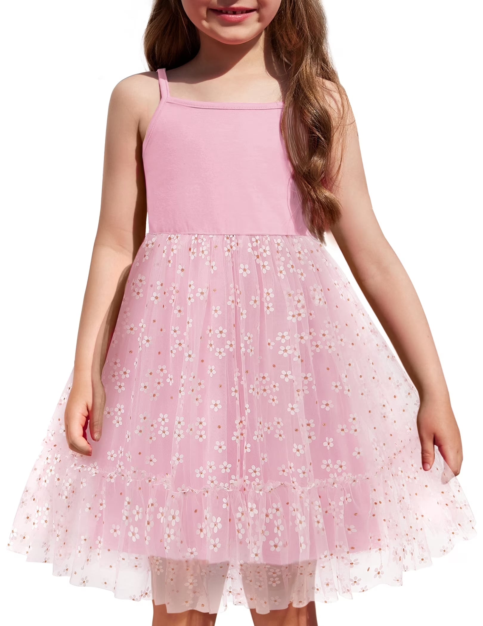 Oudiya Toddler Girls Tutu Party Dress Tulle Ruffle Hem Cami Summer Dress for Kids 2-6Y