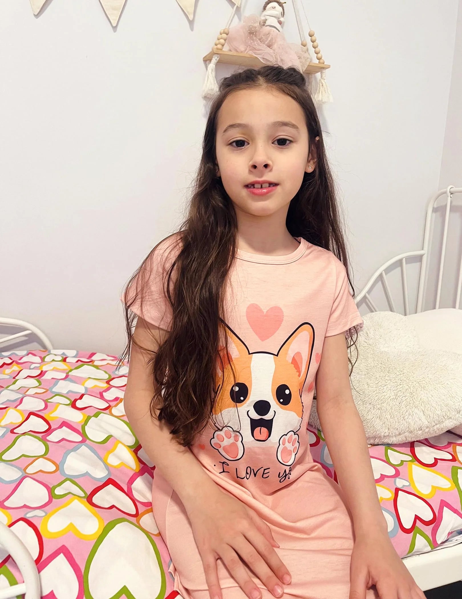 Oudiya Girls Short Sleeve Nightgowns Soft Print Pajamas Sleepwear Nighties for Kids 4-12