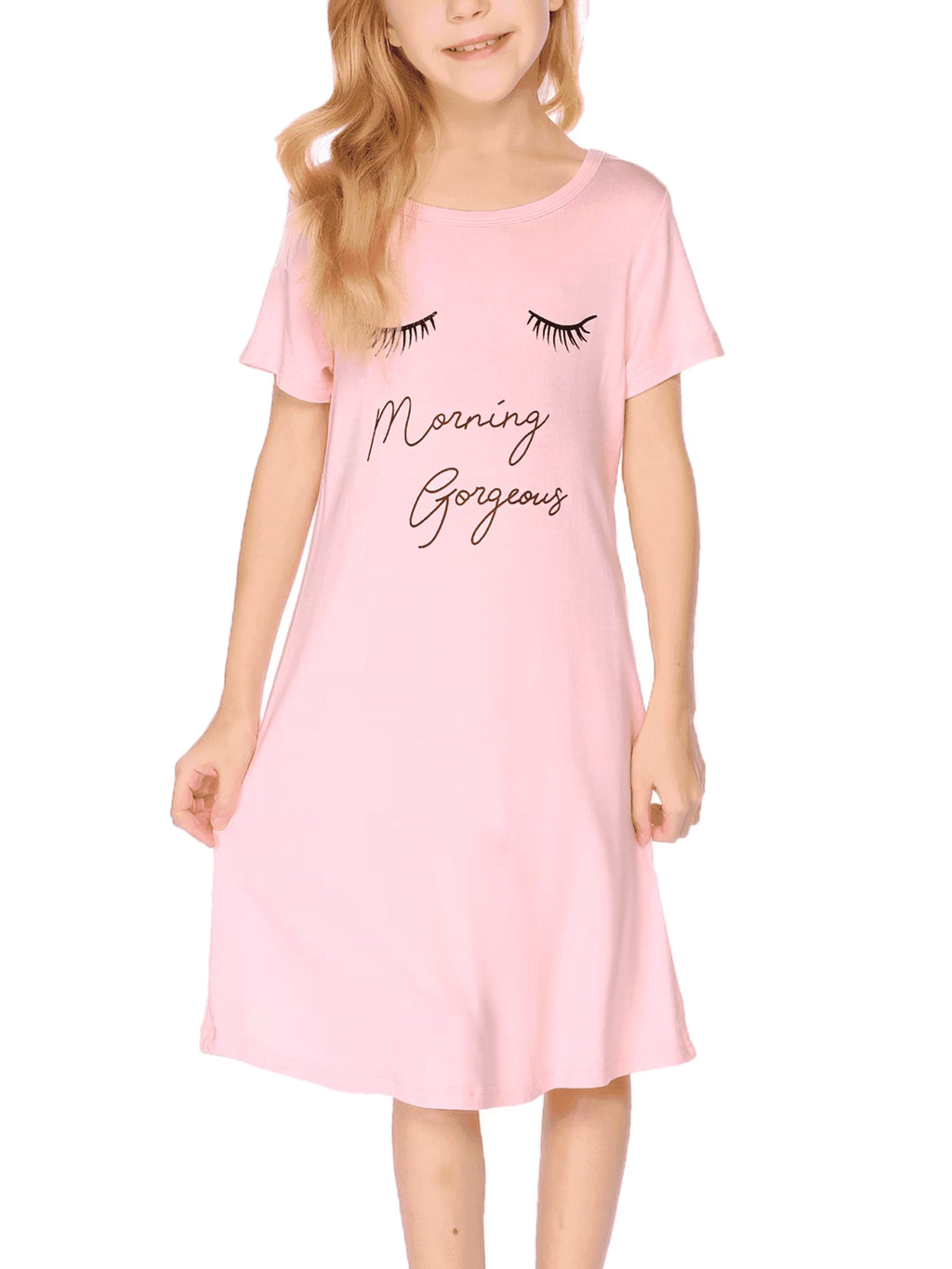 Oudiya Girls Short Sleeve Nightgowns Soft Print Pajamas Sleepwear Nighties for Kids 4-12