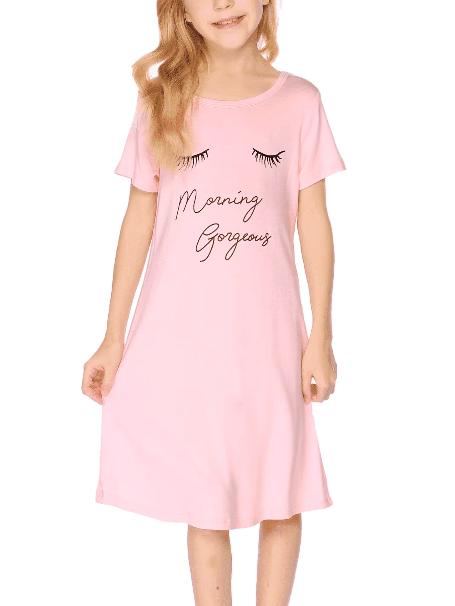 Oudiya Girls Short Sleeve Nightgowns Soft Print Pajamas Sleepwear Nighties for Kids 4-12