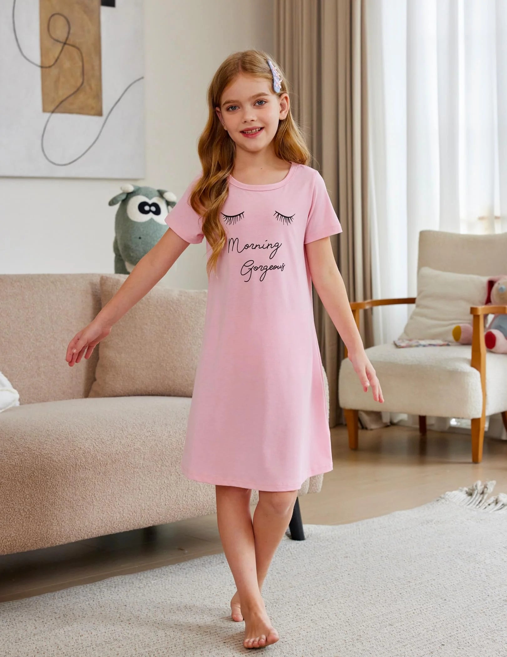 Oudiya Girls Short Sleeve Nightgowns Soft Print Pajamas Sleepwear Nighties for Kids 4-12