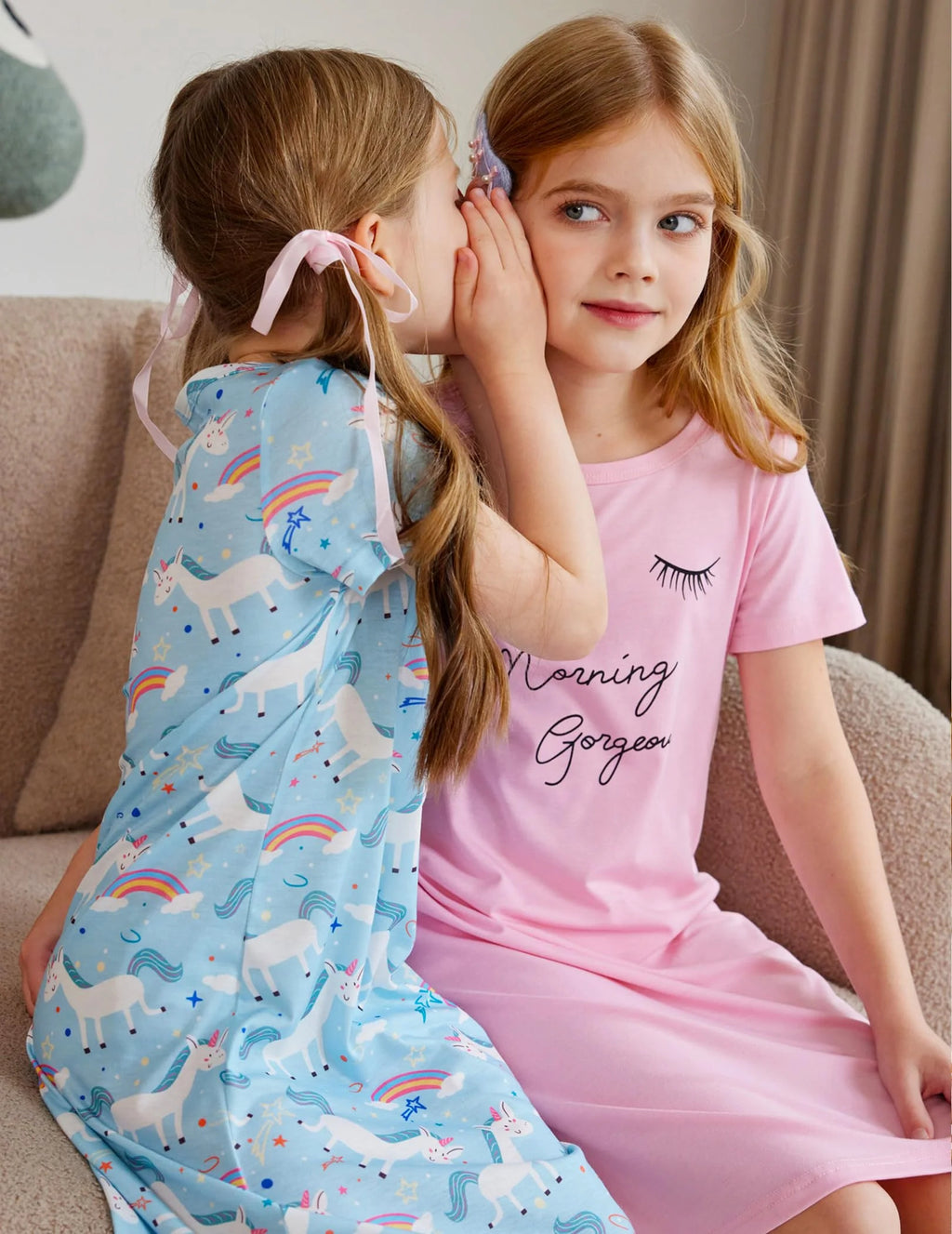 Oudiya Girls Short Sleeve Nightgowns Soft Print Pajamas Sleepwear Nighties for Kids 4-12