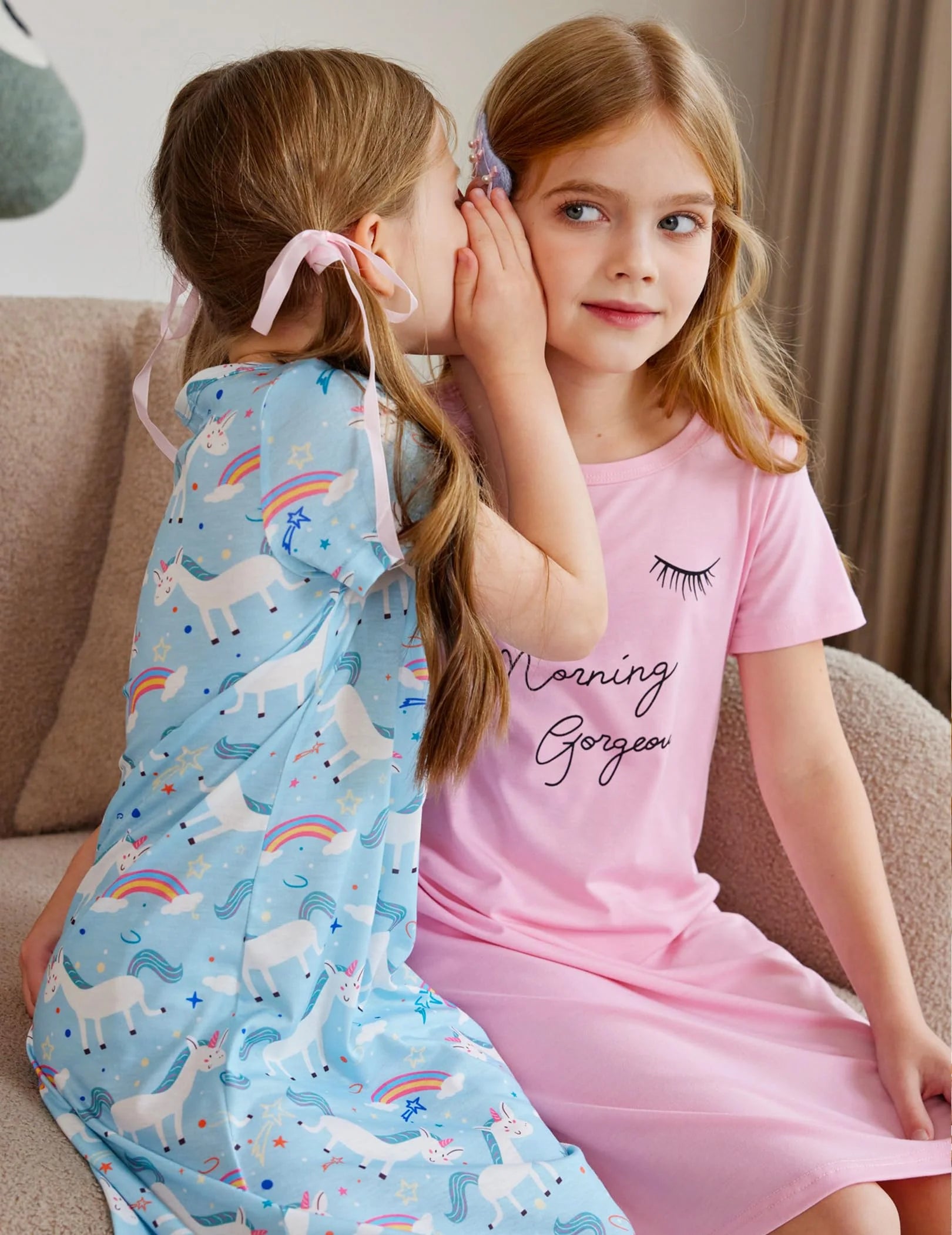 Oudiya Girls Short Sleeve Nightgowns Soft Print Pajamas Sleepwear Nighties for Kids 4-12