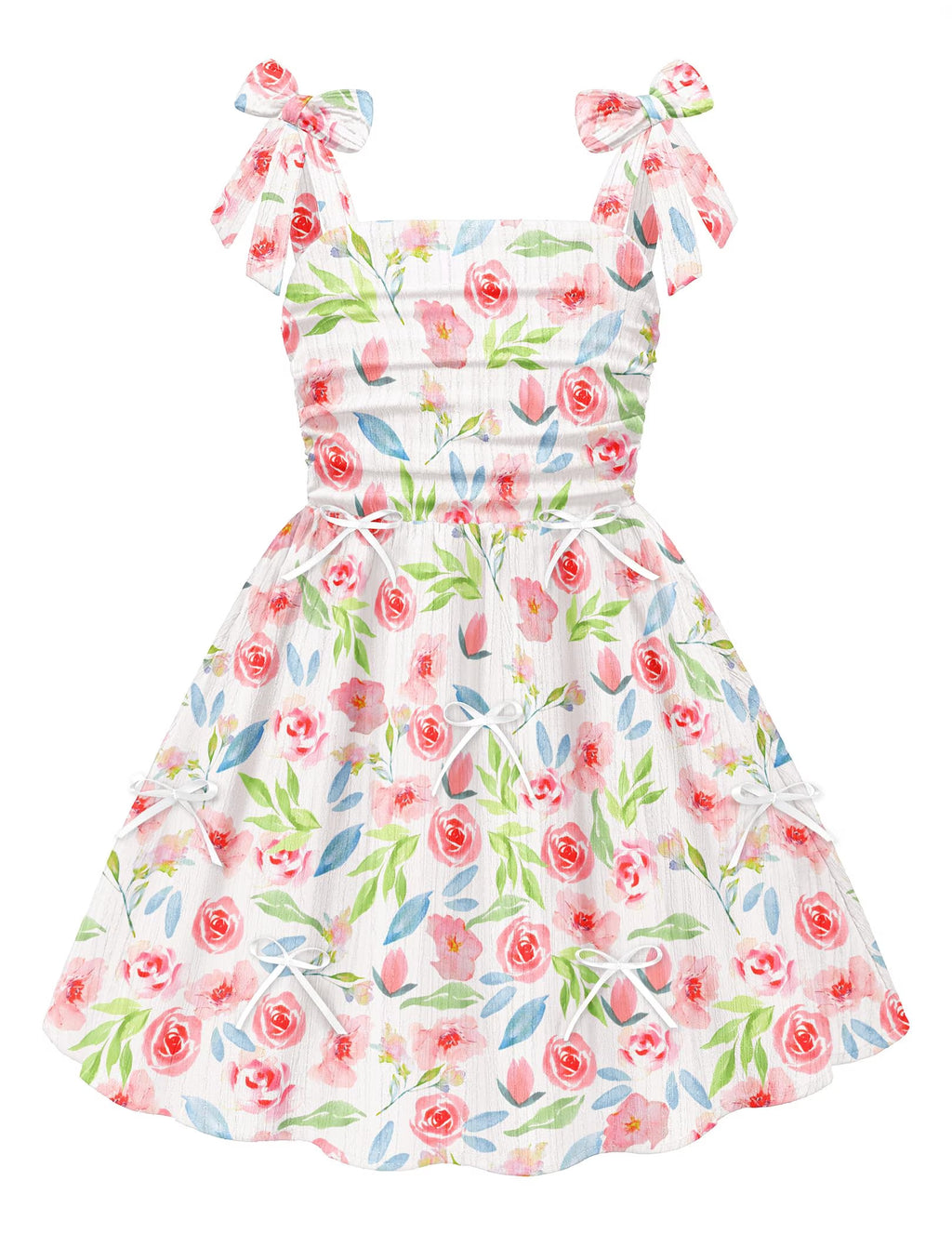 Oudiya Girls Summer Dreeses Spaghetti Strap Bow Ruched Smocked Back Boho Beach Party Sundress, 4-14Y