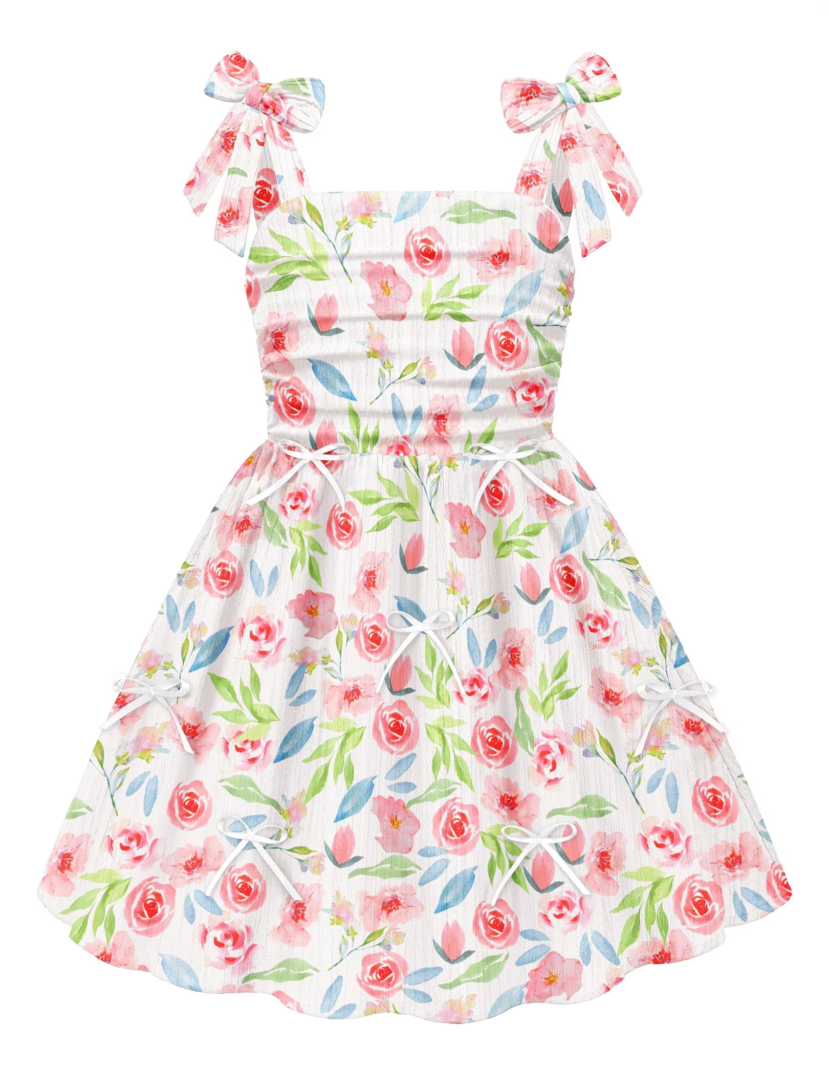 Oudiya Girls Summer Dreeses Spaghetti Strap Bow Ruched Smocked Back Boho Beach Party Sundress, 4-14Y