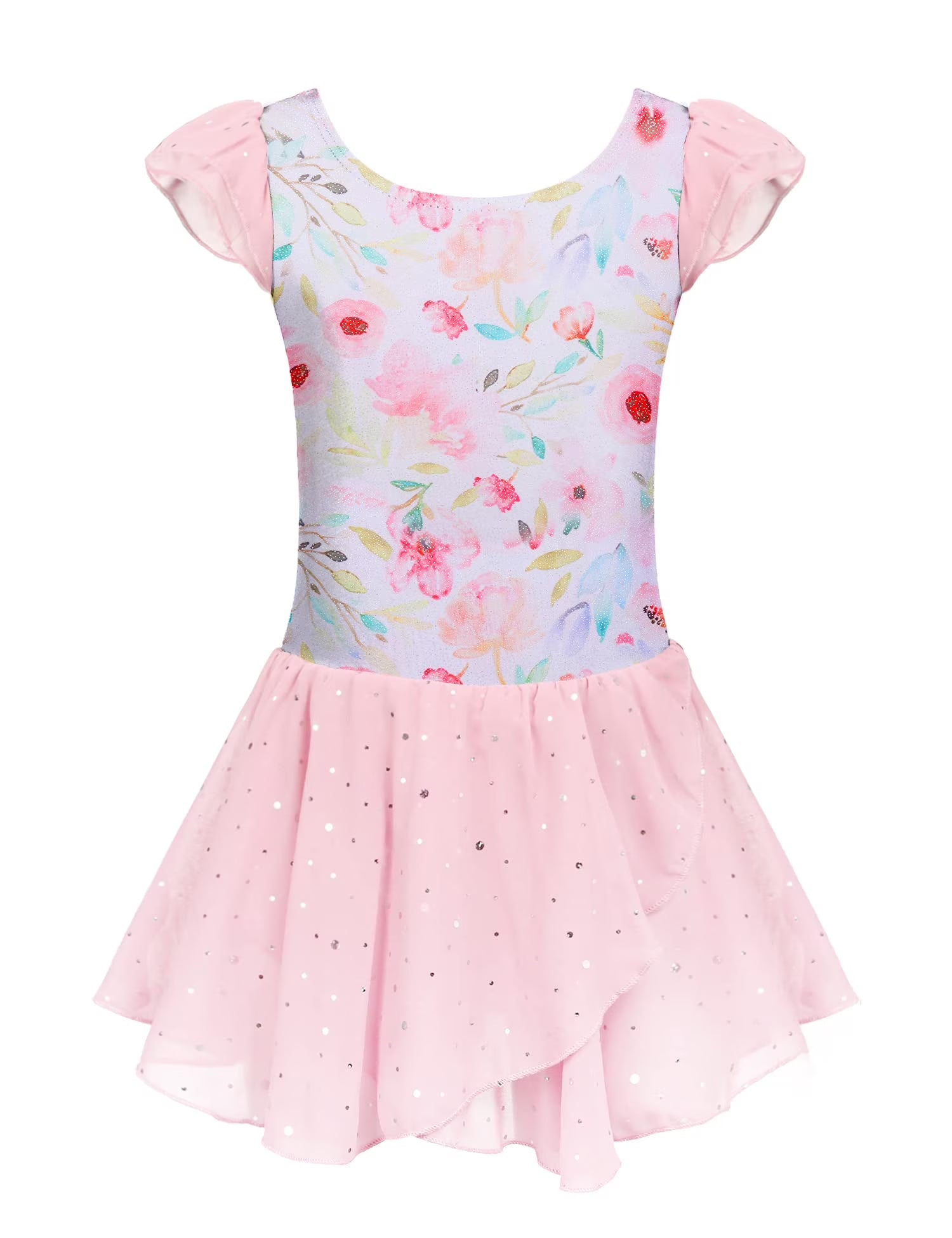 Oudiya Girls Ballet Dance Dress Leotards Ruffle Sleeve Shiny Ballet Tutu Skirt for Kids 3-11Y