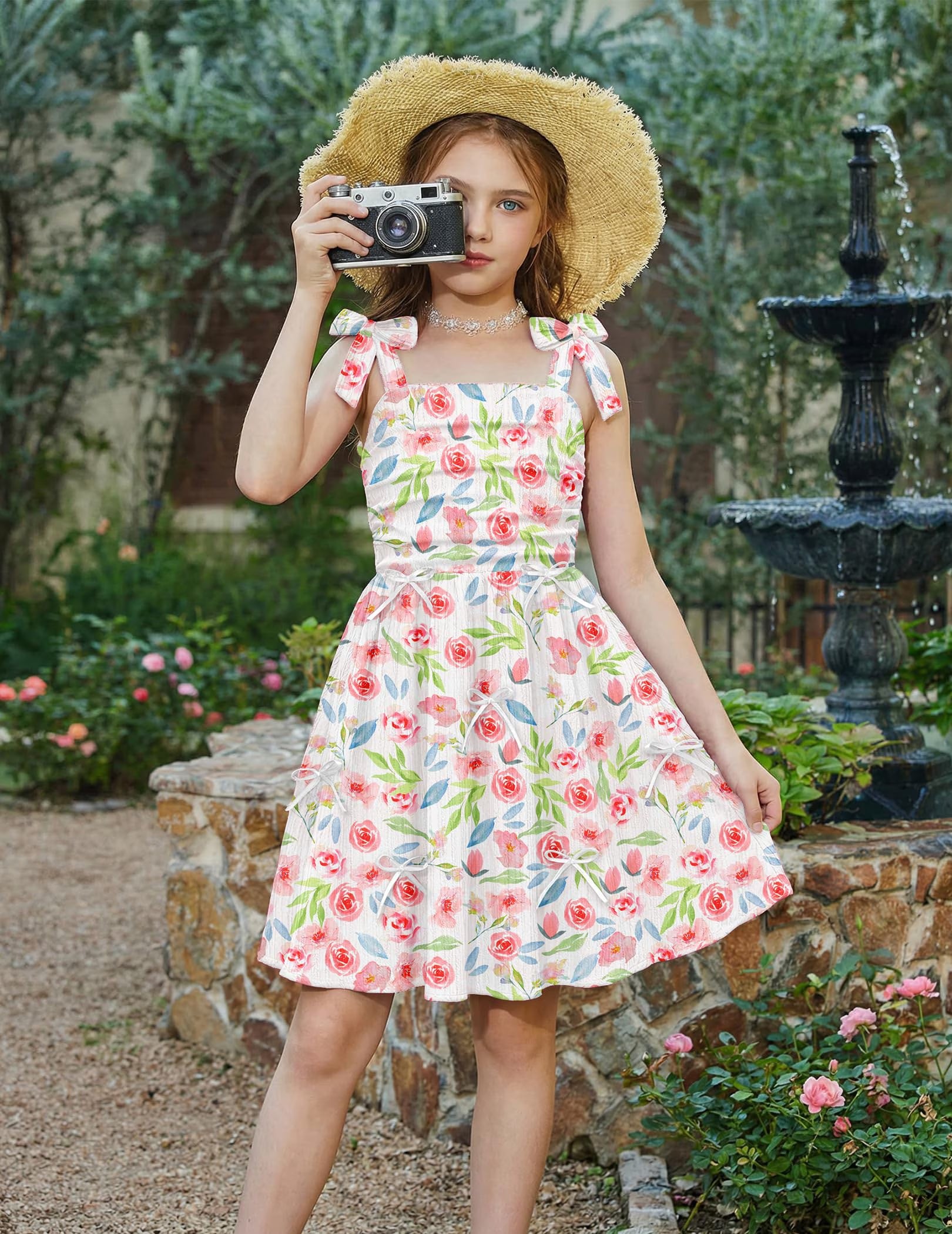 Oudiya Girls Summer Dreeses Spaghetti Strap Bow Ruched Smocked Back Boho Beach Party Sundress, 4-14Y