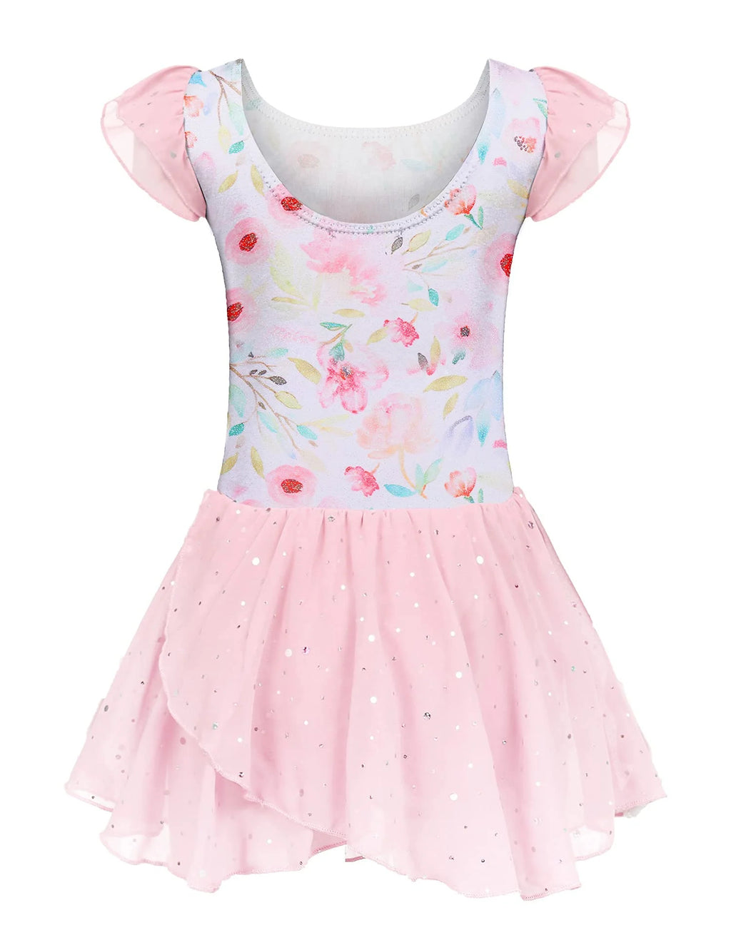 Oudiya Girls Ballet Dance Dress Leotards Ruffle Sleeve Shiny Ballet Tutu Skirt for Kids 3-11Y