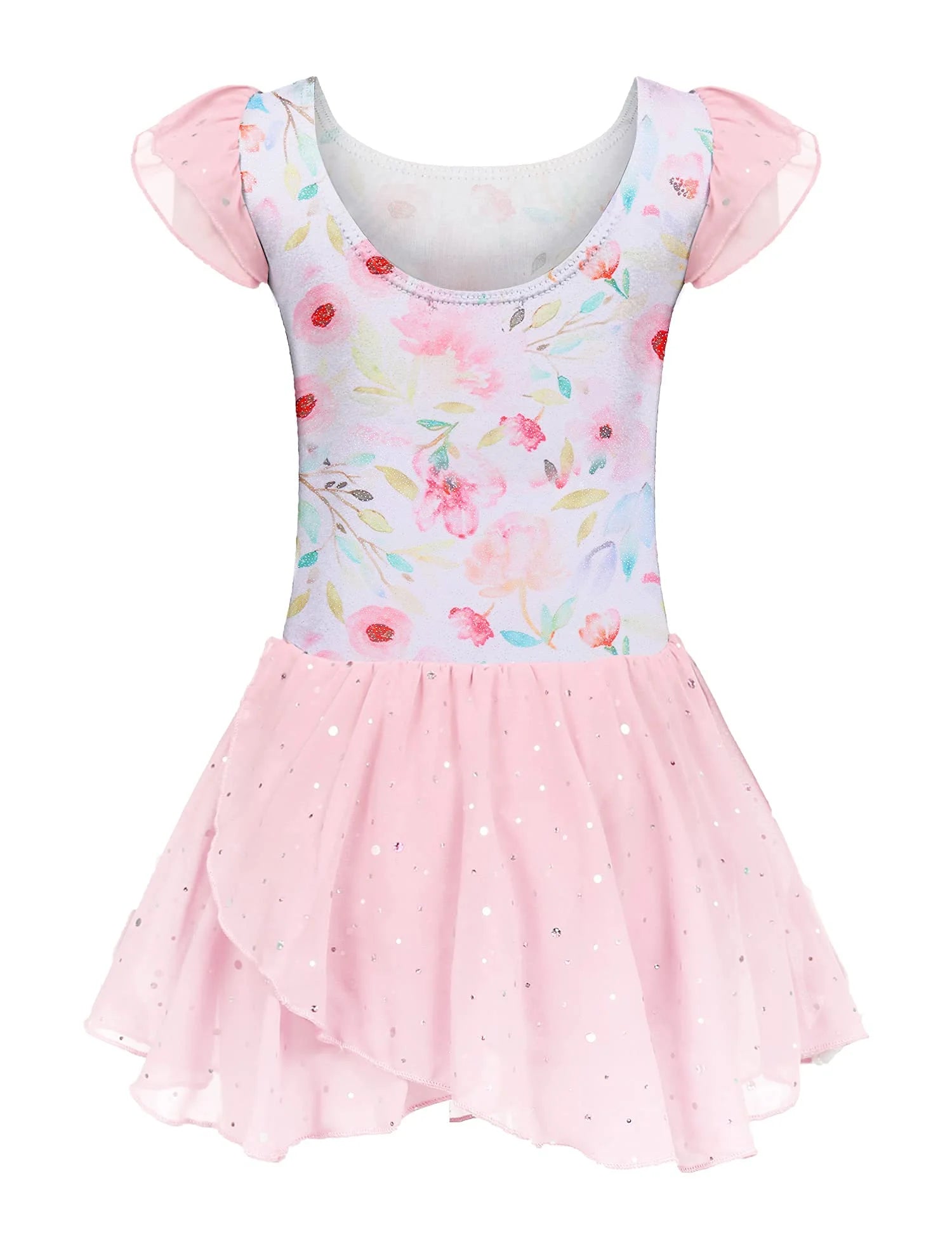 Oudiya Girls Ballet Dance Dress Leotards Ruffle Sleeve Shiny Ballet Tutu Skirt for Kids 3-11Y