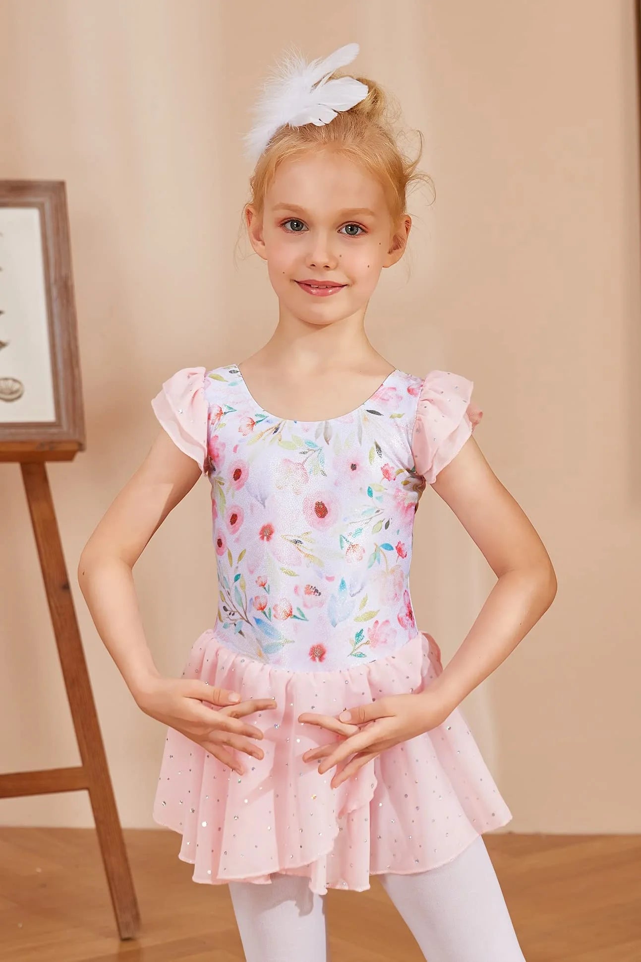 Oudiya Girls Ballet Dance Dress Leotards Ruffle Sleeve Shiny Ballet Tutu Skirt for Kids 3-11Y