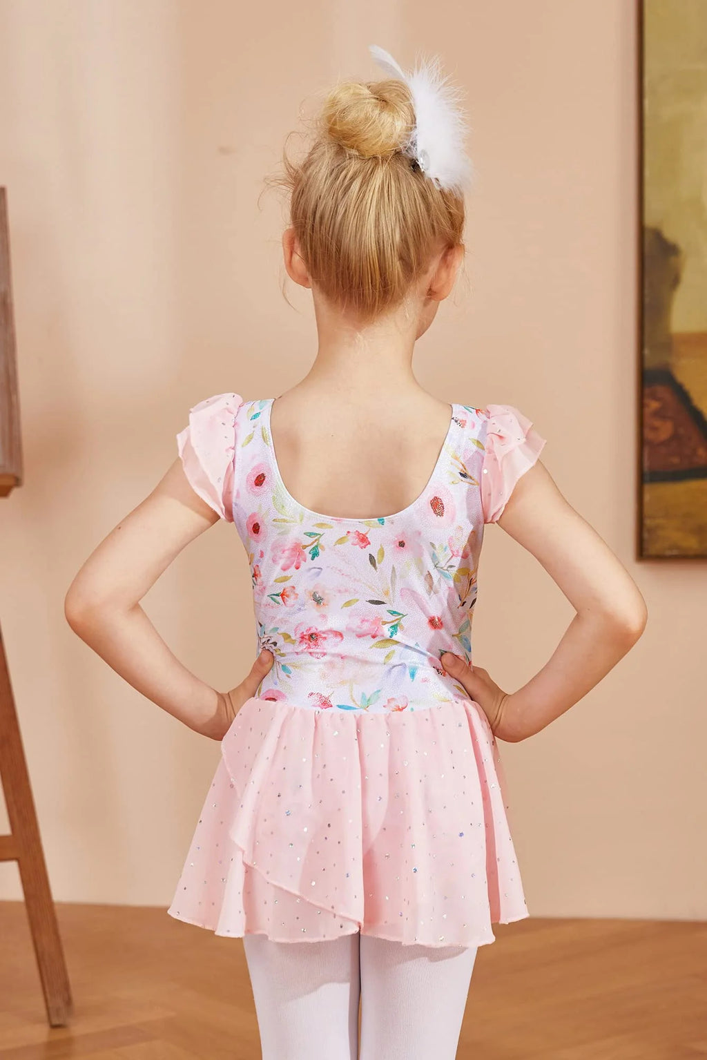 Oudiya Girls Ballet Dance Dress Leotards Ruffle Sleeve Shiny Ballet Tutu Skirt for Kids 3-11Y