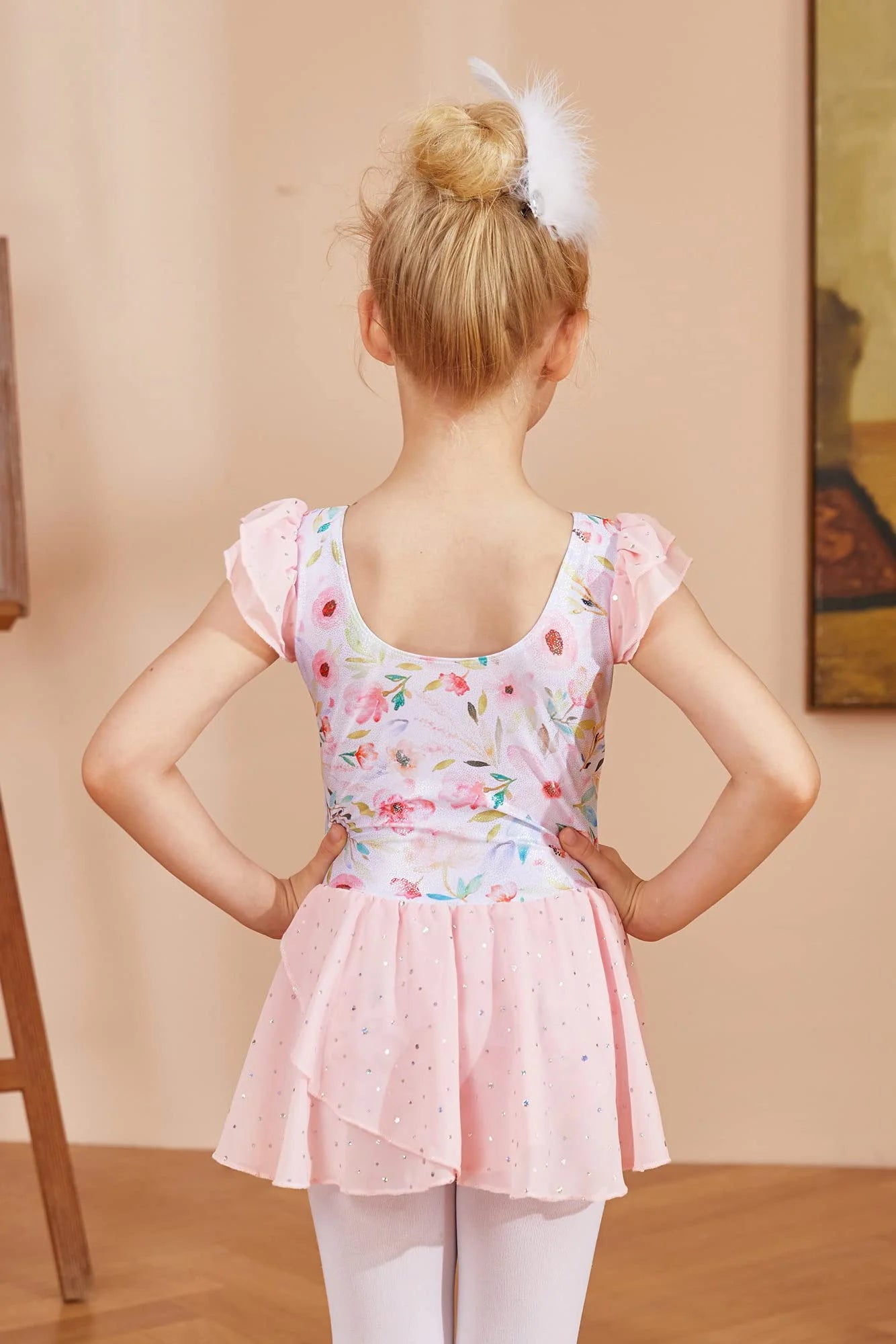 Oudiya Girls Ballet Dance Dress Leotards Ruffle Sleeve Shiny Ballet Tutu Skirt for Kids 3-11Y