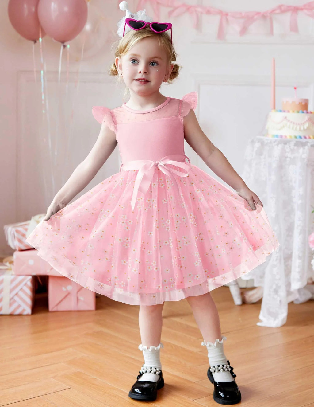 Oudiya Toddler Girls Tutu Dress Summer Contrast Mesh Party Dresses Cute Princess Tulle Sundress with Belt 2-8Y