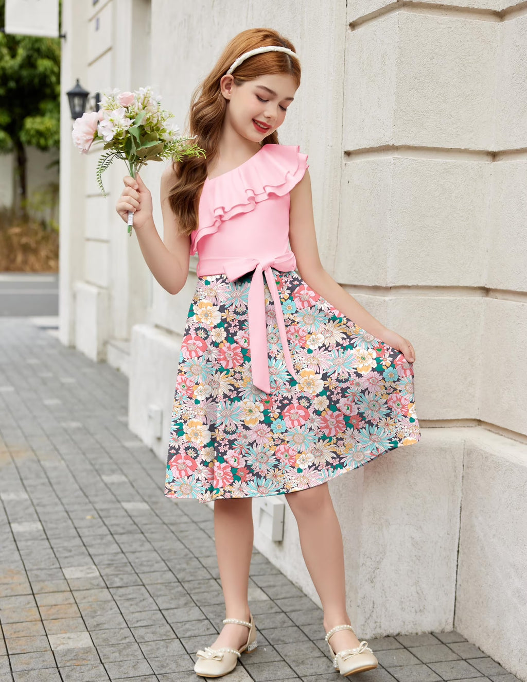 Oudiya Girls One Shoulder Dress Formal Ruffle Trim Birthday Party Dresses with Belted Pockets for Kids 5-12Y