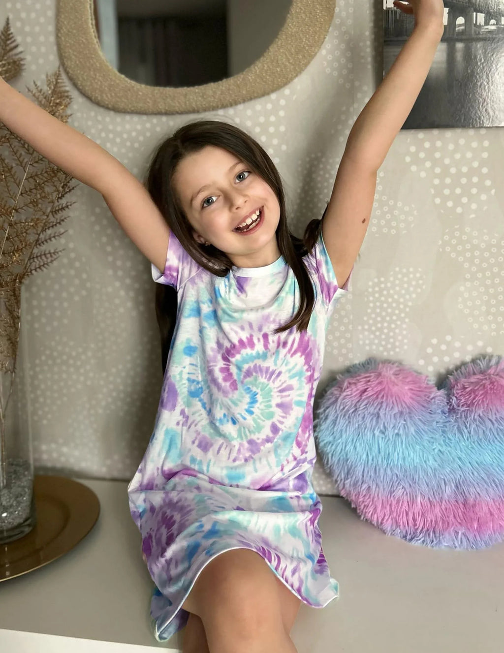 Oudiya Girls Short Sleeve Nightgowns Soft Print Pajamas Sleepwear Nighties for Kids 4-12