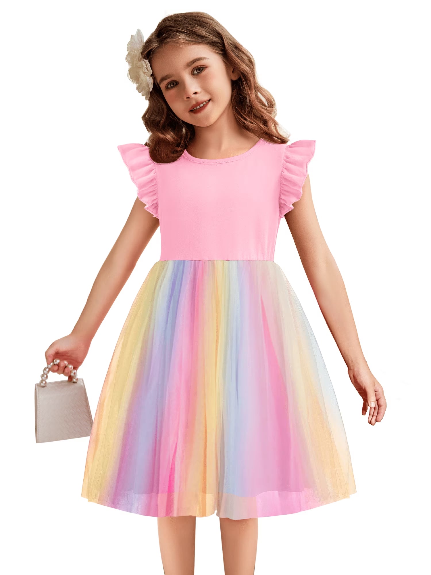 Oudiya Toddler Girls Tutu Dress Fluffy Ruffle Sleeve Dresses Summer Casual Tulle Party Sundress for Kids 6-7Y