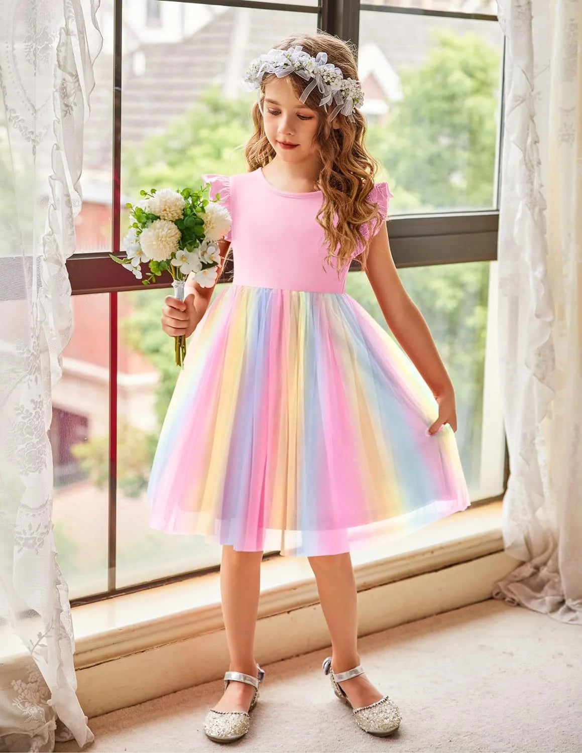 Oudiya Toddler Girls Tutu Dress Fluffy Ruffle Sleeve Dresses Summer Casual Tulle Party Sundress for Kids 6-7Y
