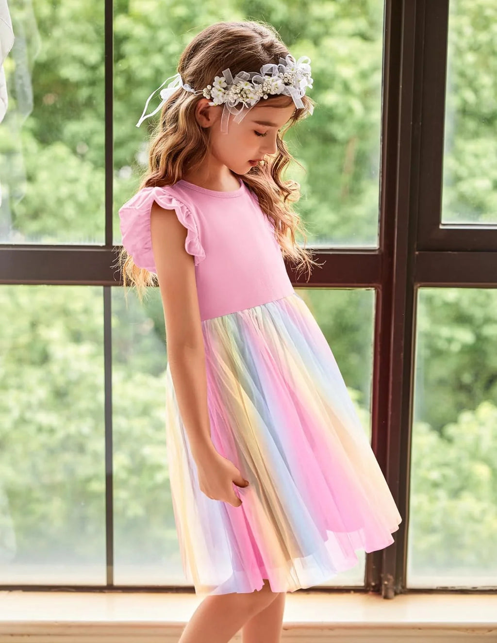 Oudiya Toddler Girls Tutu Dress Fluffy Ruffle Sleeve Dresses Summer Casual Tulle Party Sundress for Kids 6-7Y