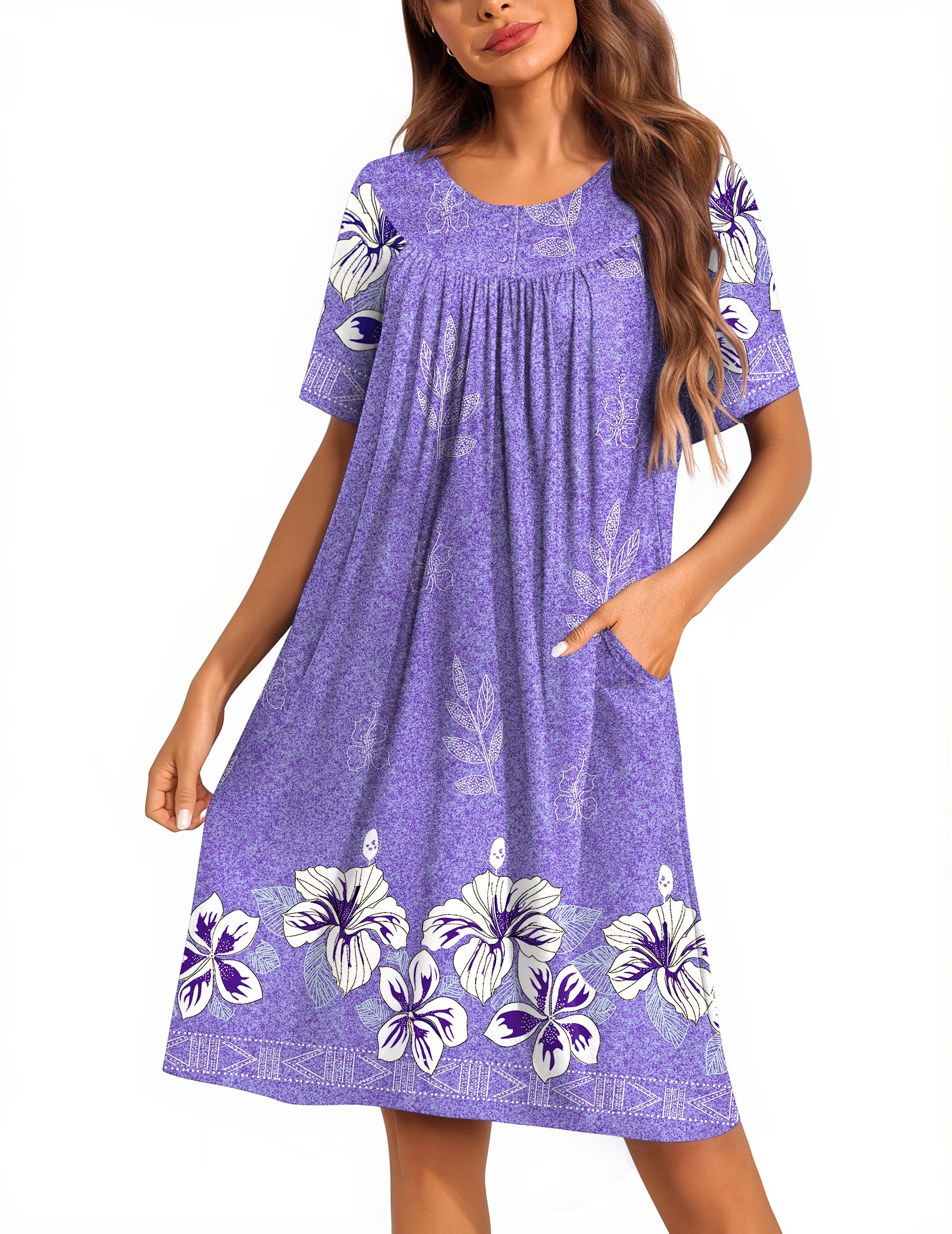 Oudiya Women Moo Moos House Dresses Button Short Sleeve Floral Mumu Nightgown with Pocket, S-3XL